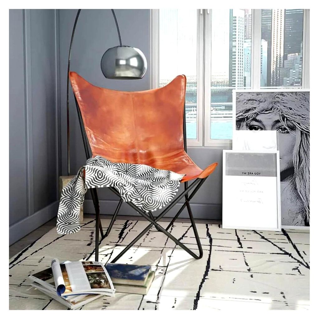 Butterfly Sessel, klappbarer Einzelsessel aus Echtleder mit pulverbeschichtetem Eisenrahmen für Balkon, Terrasse oder Wohnzimmer
