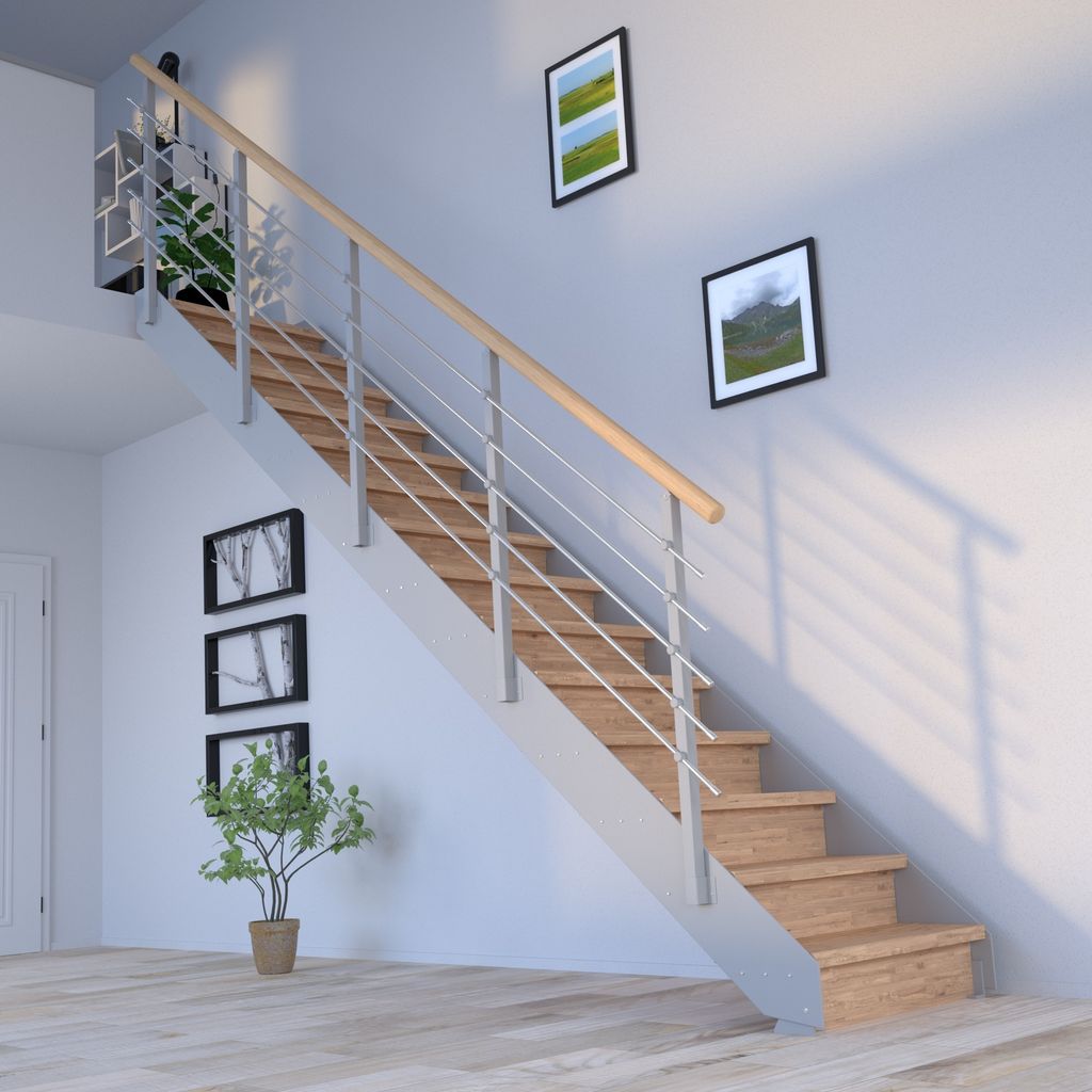Stahltreppe Kos (Eiche unbehandelt) in Grau mit Design-Geländer & Rundhandlauf und 13 Stufen-geschlossen