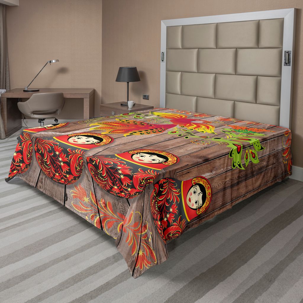 ABAKUHAUS Ethnisch Bettlaken, Folkloristisches Bild mit traditionellen russischen Dols und Blumenvogel Ornament auf Holz, weiches bequemes oberes B...