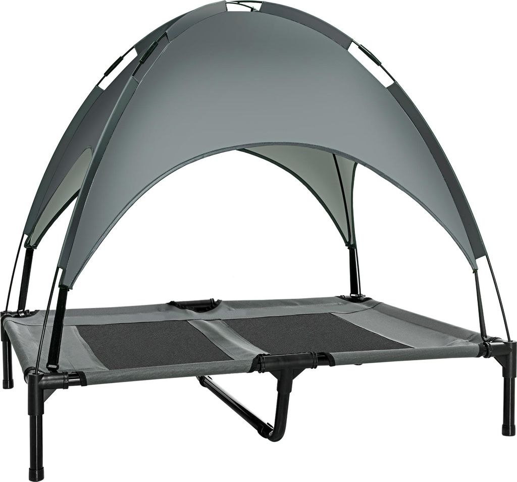 Erhöhtes Hundebett mit Baldachin, atmungsaktive Outdoor-Hundeliege aus Taftstoff, Camping, Grau, 92 x 76 x 90 cm