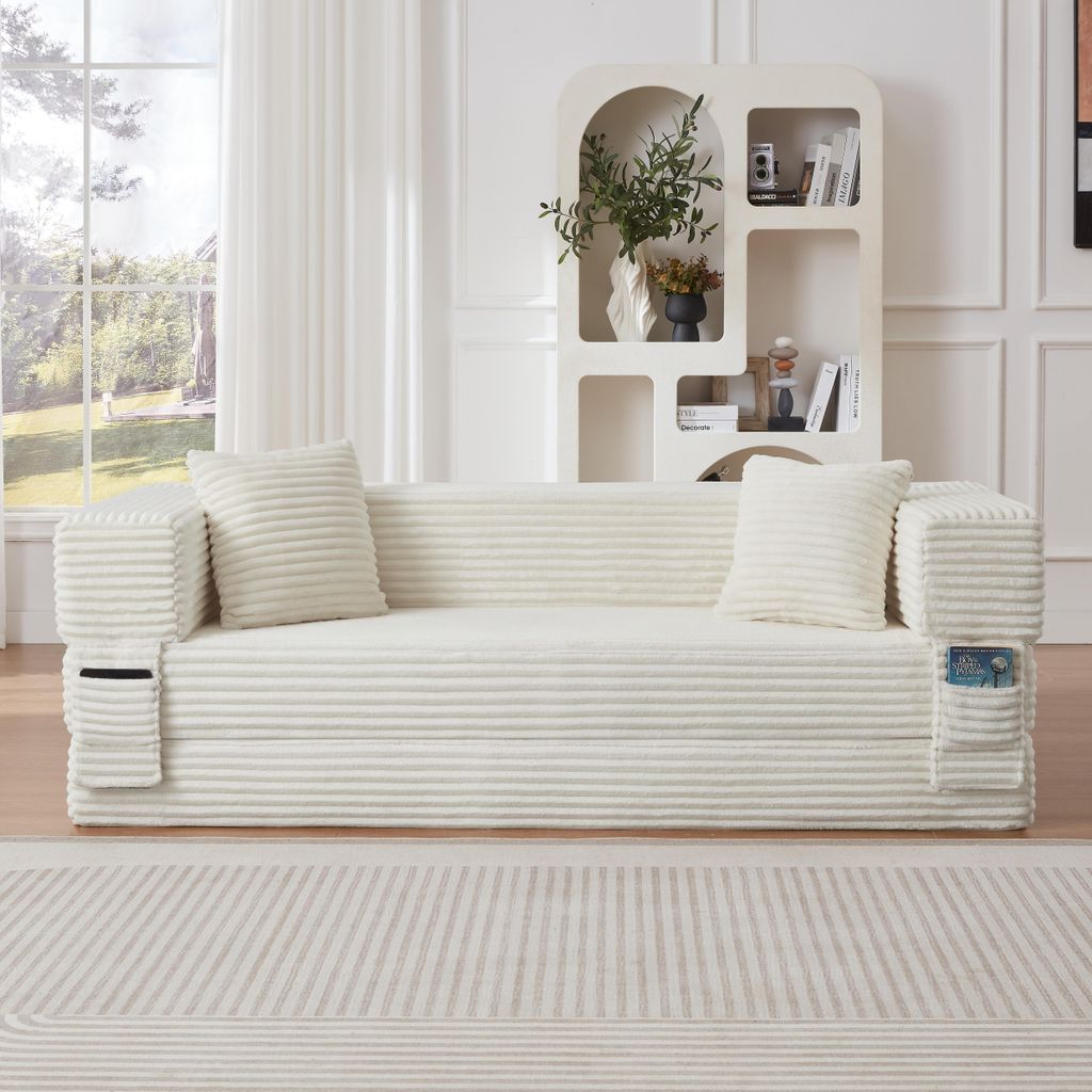 Modernes Cord-Schlafsofa mit Bettfunktion, Polstersofa 3-Sitzer Dauerschläfer, Klappsofa aus klobigem Cord-Stoff für Wohnzimmer & Apartment, Grau