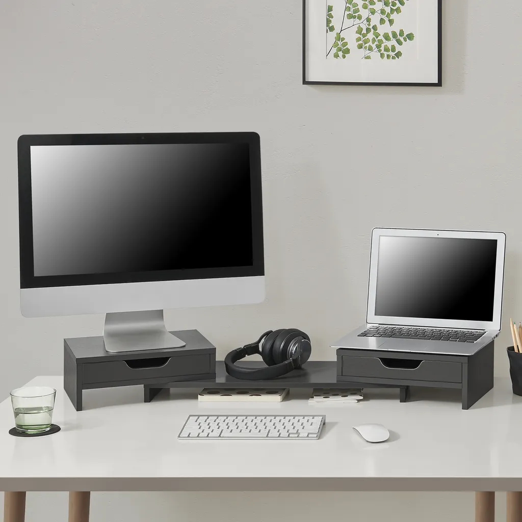 Rehausseur de moniteur en bois gris anthracite avec doubles tiroirs
