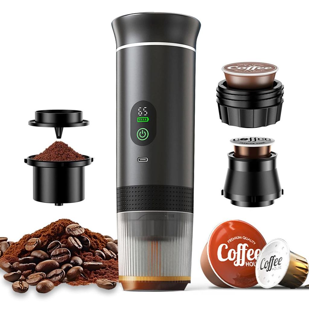 Tragbare Kapselmaschine, Mini Espresso-Maschine, 20 Bar, 2500mAh Akku, 60ml Wassertank, LCD-Display, Kompakt und leicht zu reinigen, Schwarz