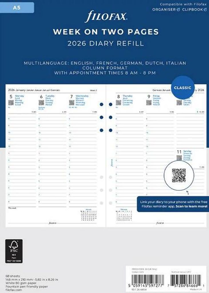 FILOFAX Calendrier à insérer 2026 - A5 - 1 semaine = 2 Image du produit 