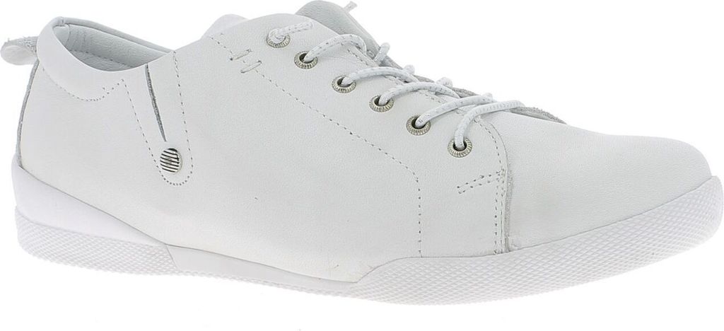 A white leather sneaker is shown from a side angle against a white background.
