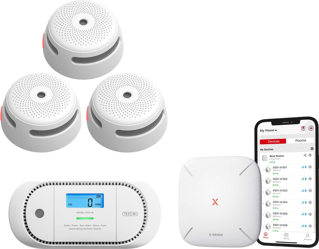 X-Sense Link+ Pro Intelligentes Brandschutzpaket - 3 XS01-M Rauchmelders, 1 XC01-M Kohlenmonoxidmelder und SBS50 Basisstation - Funktioniert über App