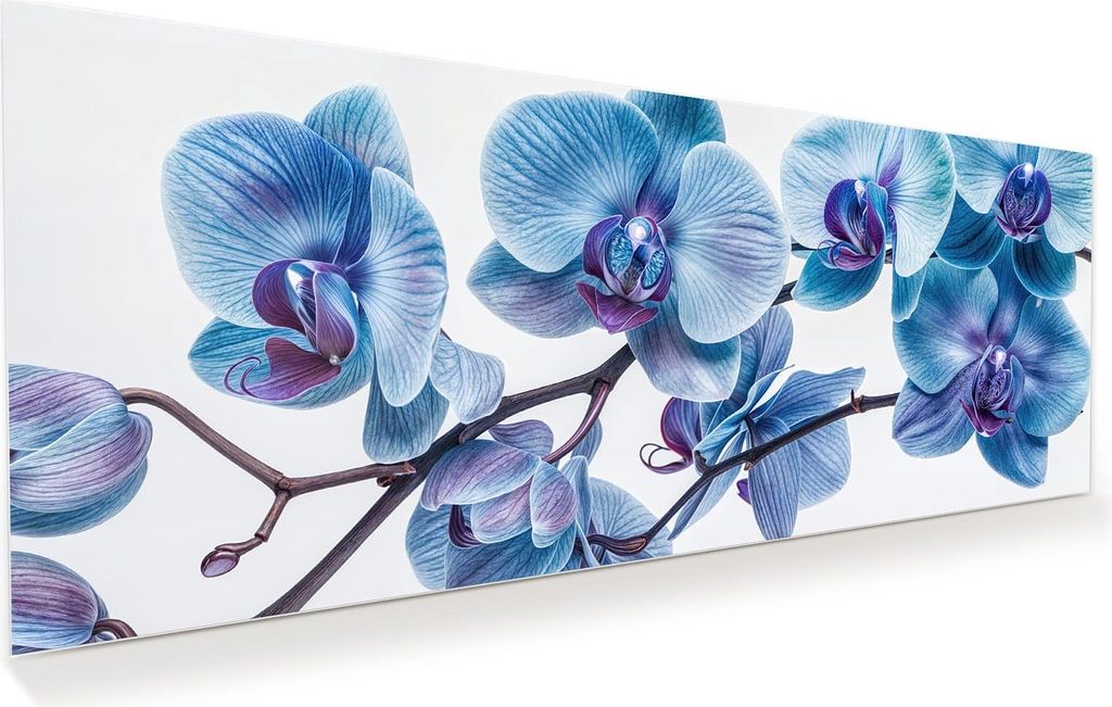 Glasbild 100x40cm in XXL für Wohnzimmer, Schlafzimmer Motiv Blaue Orchideen Blüte