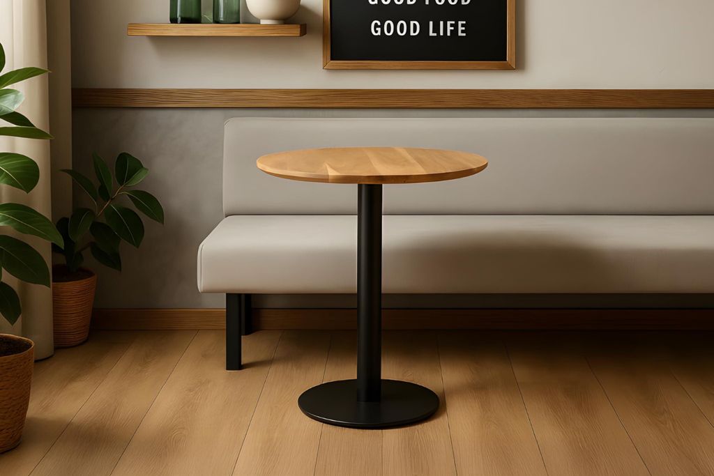 Runder Bistrotisch Brasilian | 60 x 60 cm | Akazienholz massiv | Farbe: Natur | Schweizer Kante | Säulen-Gestell Metall Schwarz | Holztisch/Säule...