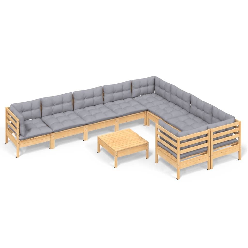 10-tlg. Garten-Lounge-Set mit Grauen Kissen Kiefernholz
