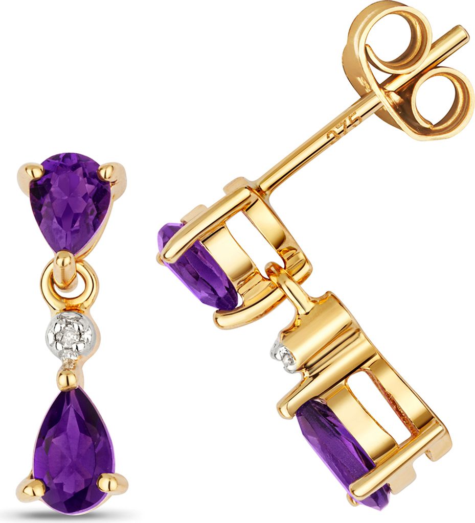 Funkelndes Feuer Exklusive 9 Karat (375) Gold Diamant Paar Ohrringe Brillant-Schliff H - PK mit Amethyst - 13mm*4mm; TRS35542