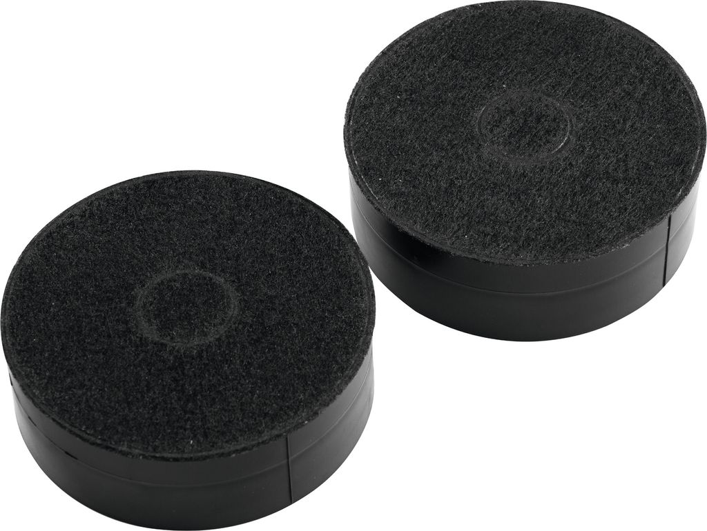 Two black circular charcoal filters with gray textured tops are shown against a white background.