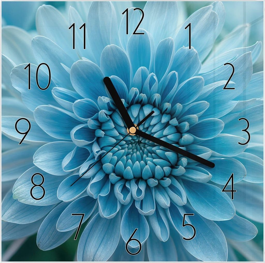 Wanduhr aus Glas mit Motiv Blaue Blume- 30 x 30 cm - inkl. Aufhängesystem