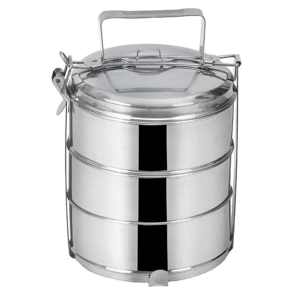 A three-tiered stainless steel tiffin carrier with a handle.