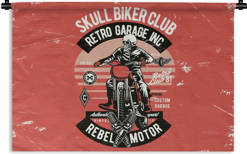MuchoWow Wandteppich Wandbehang Motorrad - Skelett - Kleidung - Retro 90x60 cm Tapisserie Dekoration Wandtuch - Wandskulpturen - Bildteppich