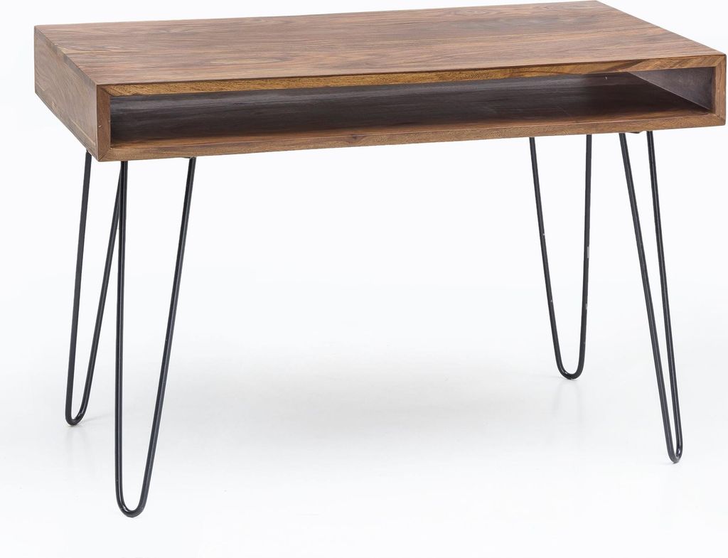 A wooden desk with black hairpin legs against a white background.