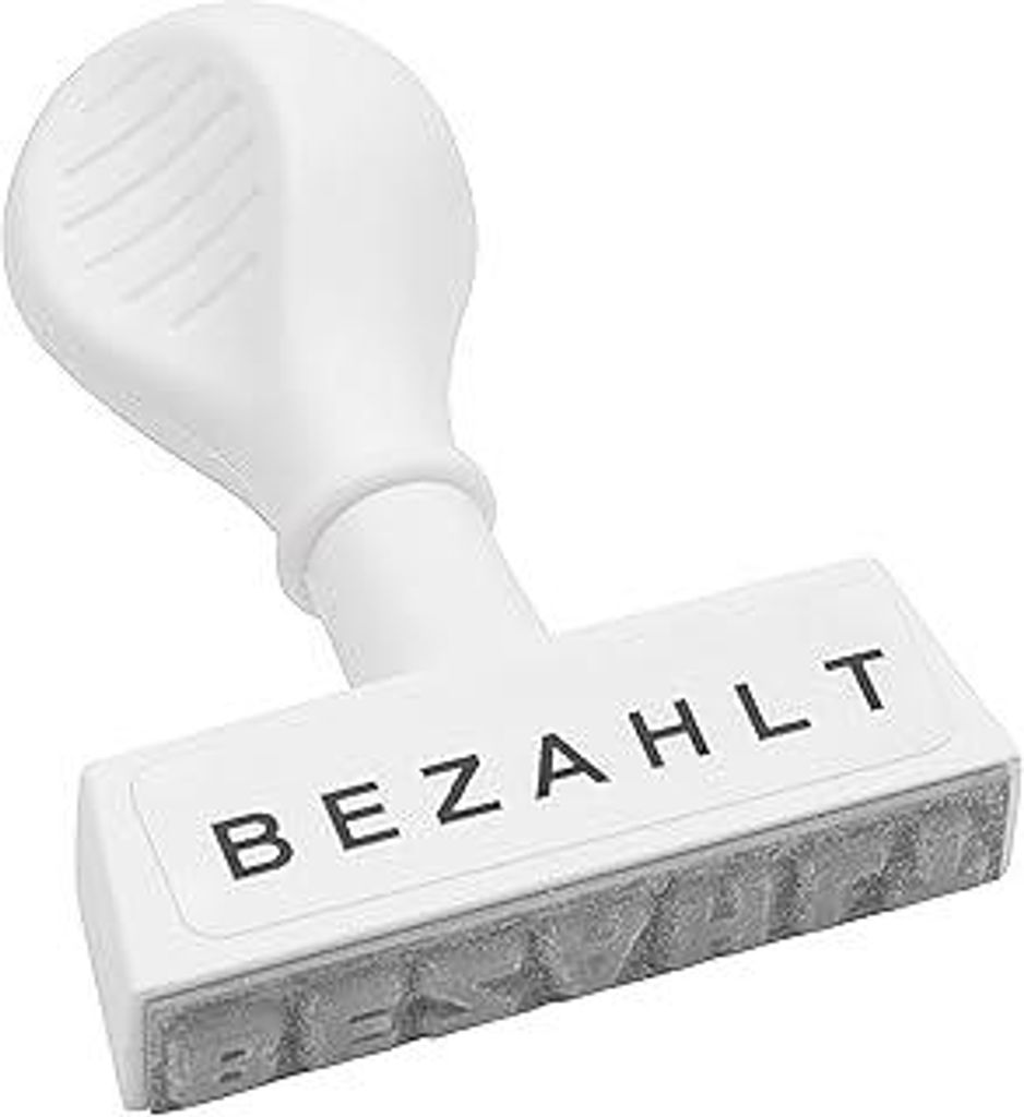 WEDO 1939 Lagertext Stempel BEZAHLT, Kunststoff, Abdruckbreite ca. 45 mm, Schrifthöhe 5,5 mm, ergonomischer Griff, weiß