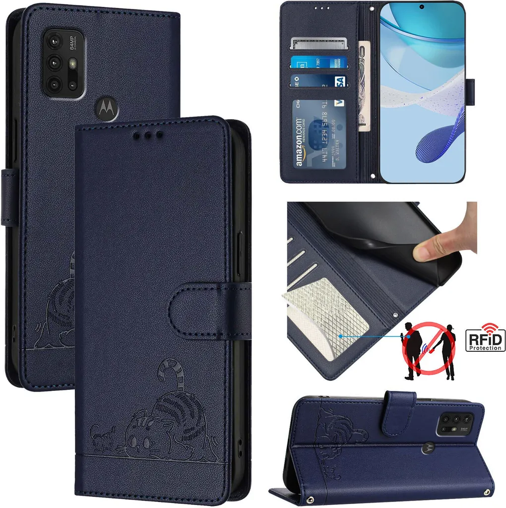 Protezione Moto G30 G10 G20 Portafoglio Pelle Blu Disegno Gatto