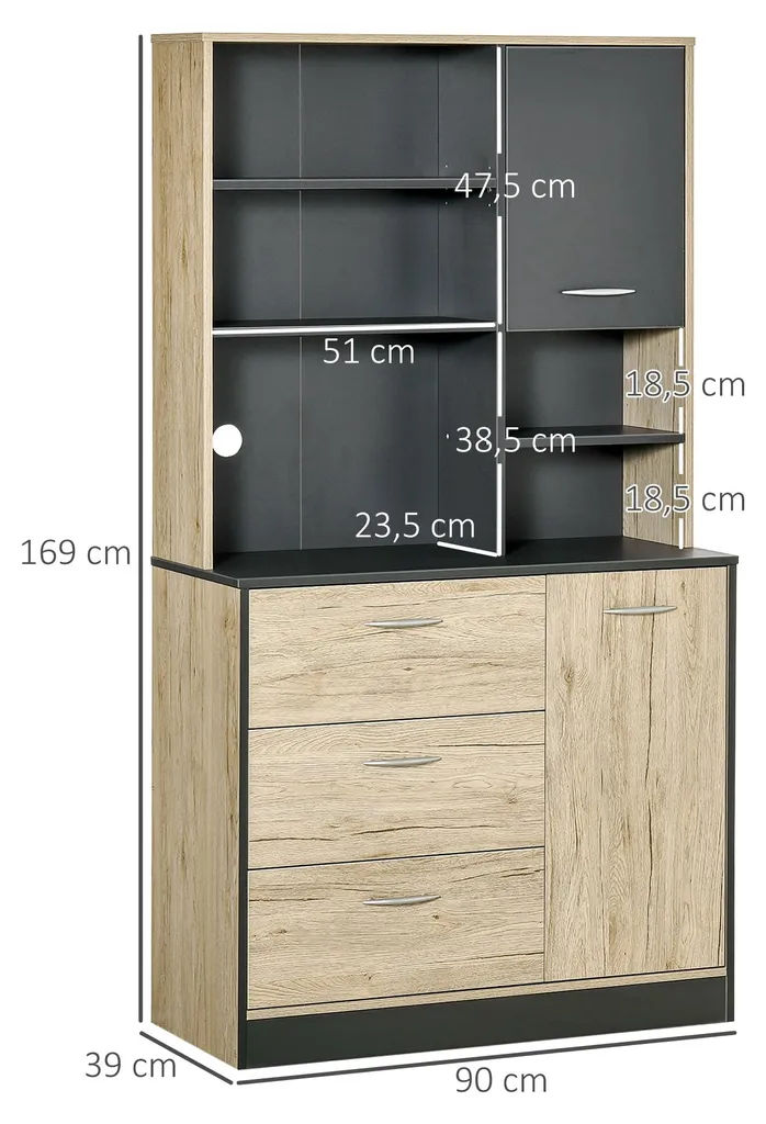 Buffet de cuisine à 2 portes et 3 tiroirs design bois clair et gris chic