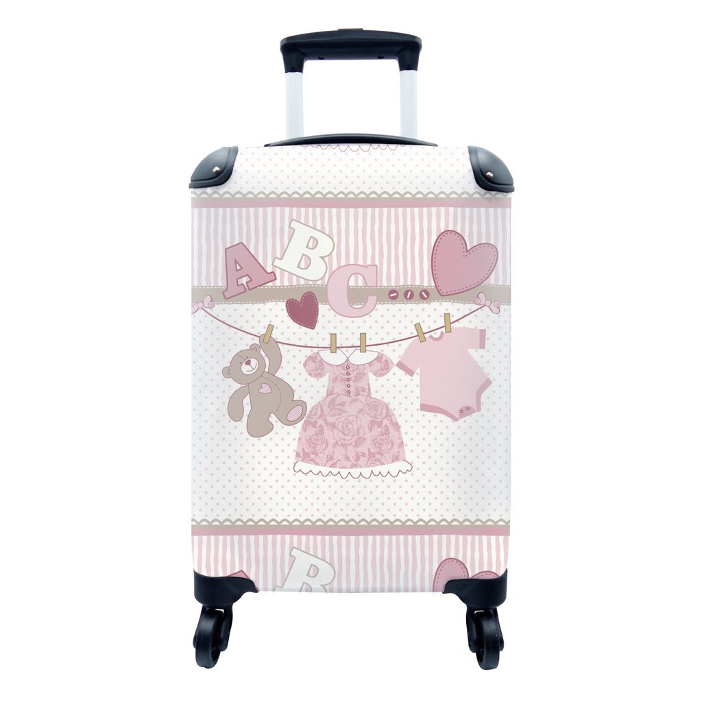 MuchoWow Koffer Handgepäck Trolley Rollkoffer Kleine Reisekoffer mit 4 Rollen - Babykleidung - Mädchen - Teddybär - Wäscheleine - Design - Ca...