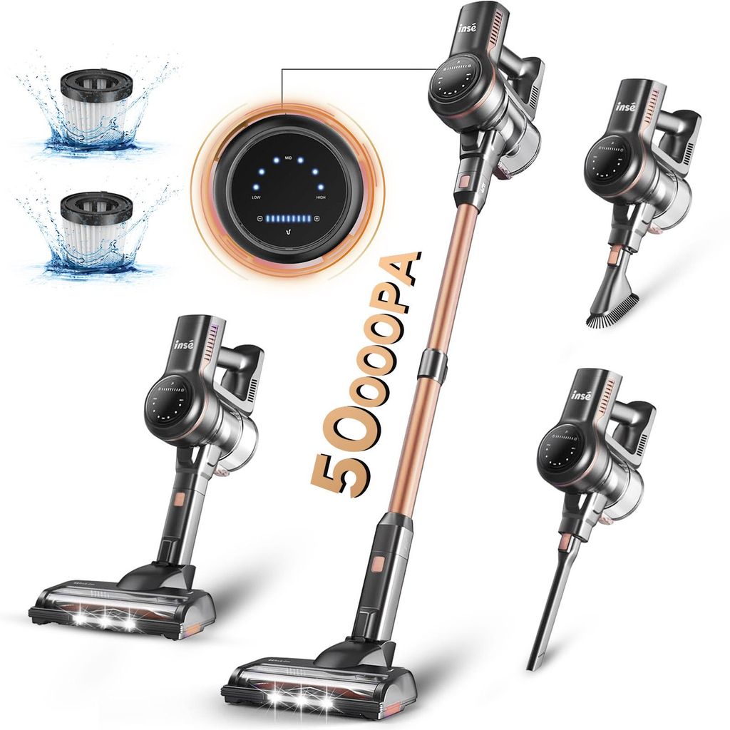 Collage of a cordless vacuum cleaner and its accessories, highlighting its features and suction power.