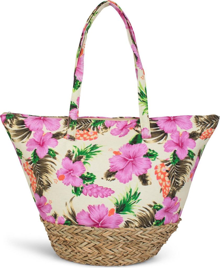 styleBREAKER Große Strandtasche mit Hibiskus Blumen Print | Damen Shopper mit Bastboden und Reißverschluss | Bunte Badetasche mit Tropenflair | 4...
