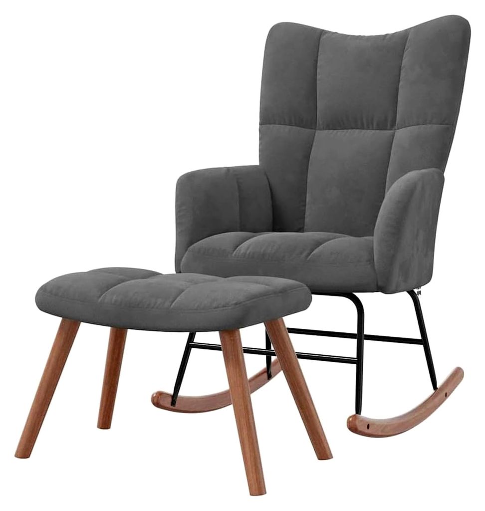 Schaukelstuhl mit Hocker, Schwingstuhl mit Armlehne, Relaxsessel für das Wohnzimmer, Dunkelgrau Samt