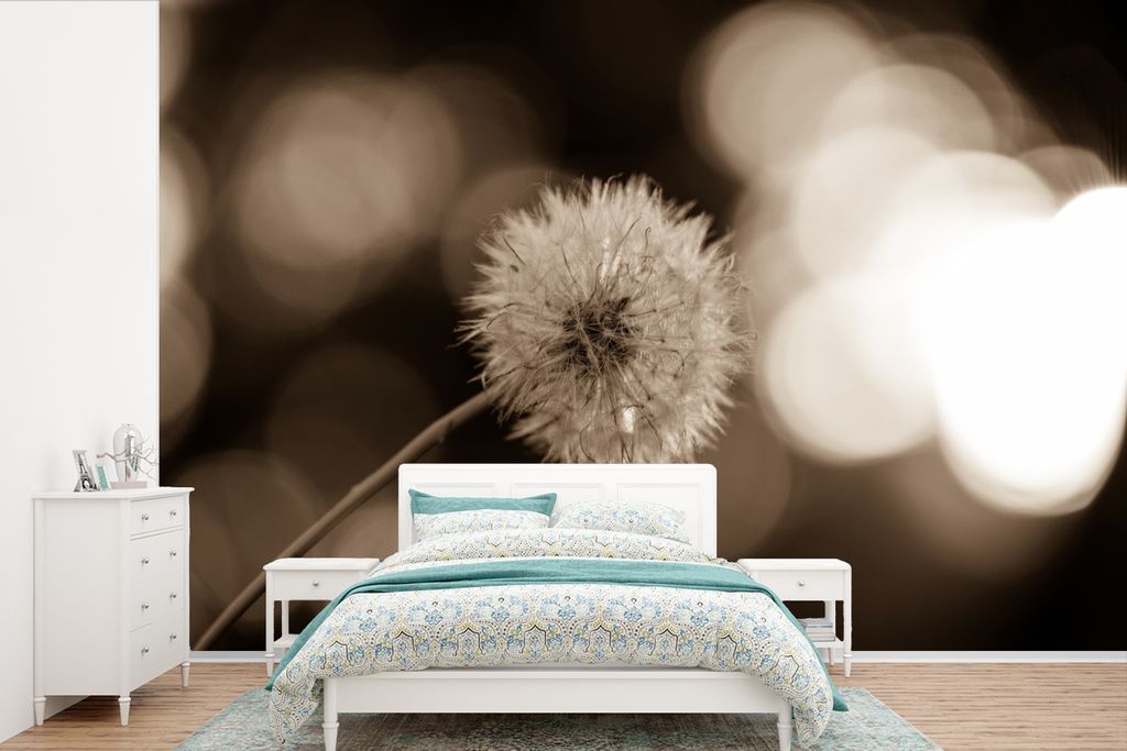 MuchoWow Fototapete für Wohnzimmer oder Schlafzimmer Wandtapete Vinyl Motivtapete Sepia-Fotodruck Löwenzahn - 600x400 cm - Vinyltapeten