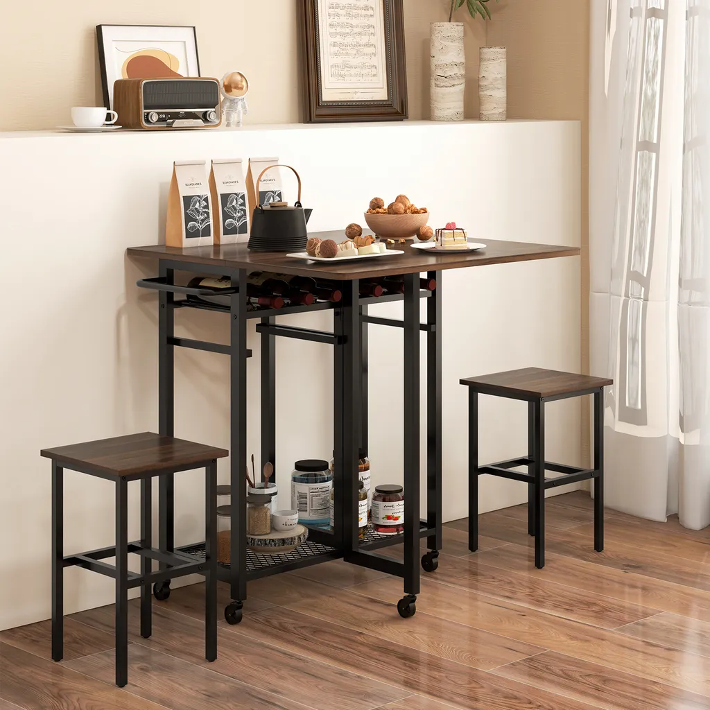 Table de Cuisine Pliable avec 2 Tabourets et Casier à Vin Intégré Noir