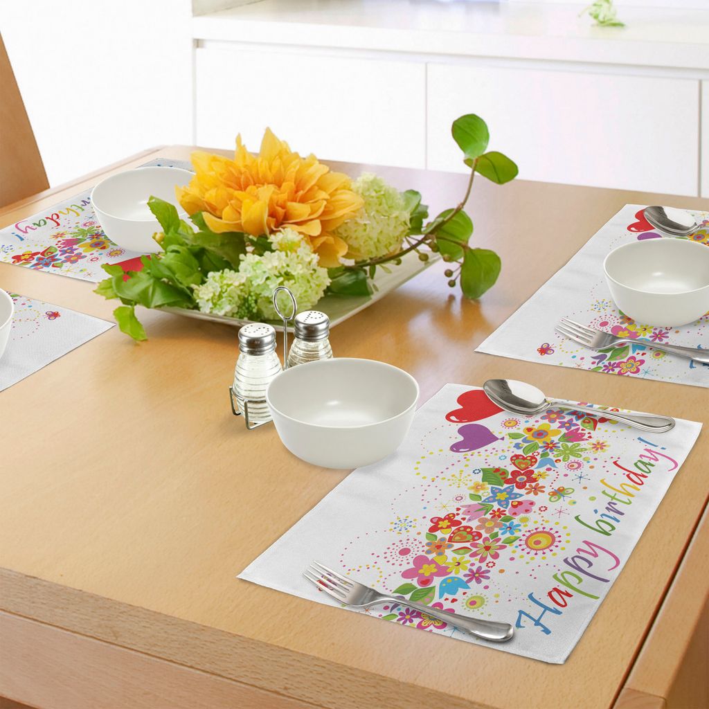 ABAKUHAUS Geburtstag Platzmatten, Glückliche Feier auf Buntem blühendem Wiesen-Herz formte Ballon-Kunstdruck, Tiscjdeco aus Farbfesten Stoff für...