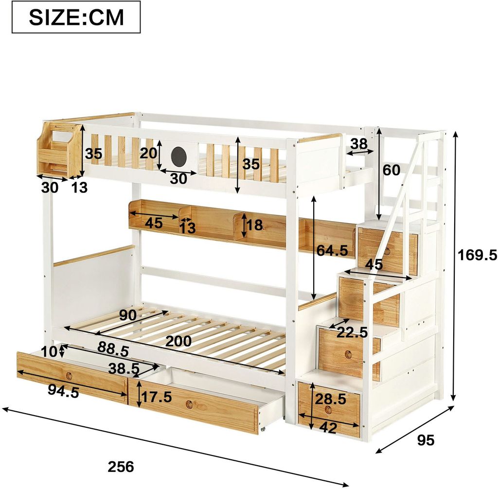 Etagenbett 90x200cm Kinderbett (Ohne Matratze) mit Treppe Produktbild 10