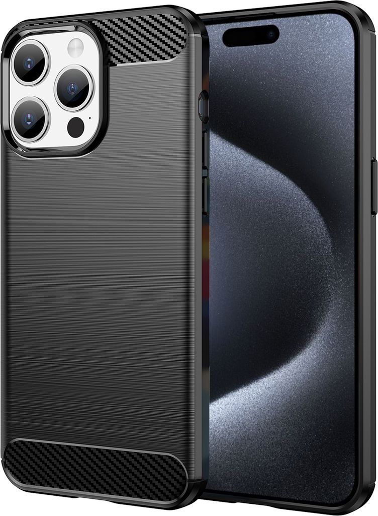 iPhone 15 Pro Hülle, Carbon-Faser TPU Silikon Stoßfest Schutzhülle für iPhone 15 Pro Schwarz