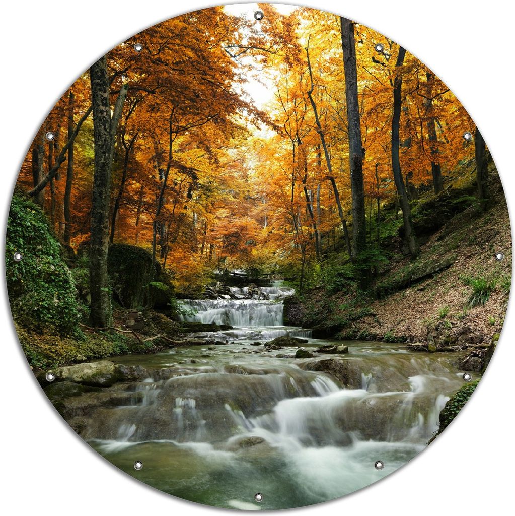 Wallario rundes Outdoor-Poster für Garten oder Balkon, Motiv Kleiner Bach über Steine im Herbstwald, 120 cm Durchmesser
