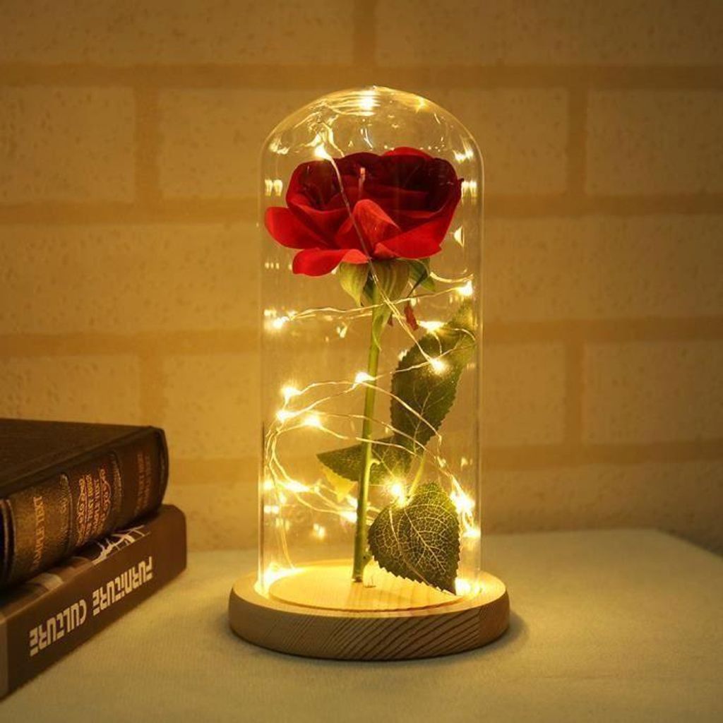 Die Schöne und das Biest – Verzauberte Rose: Elegante Glaskuppel mit LED-Beleuchtung – Beigefarbener Sockel