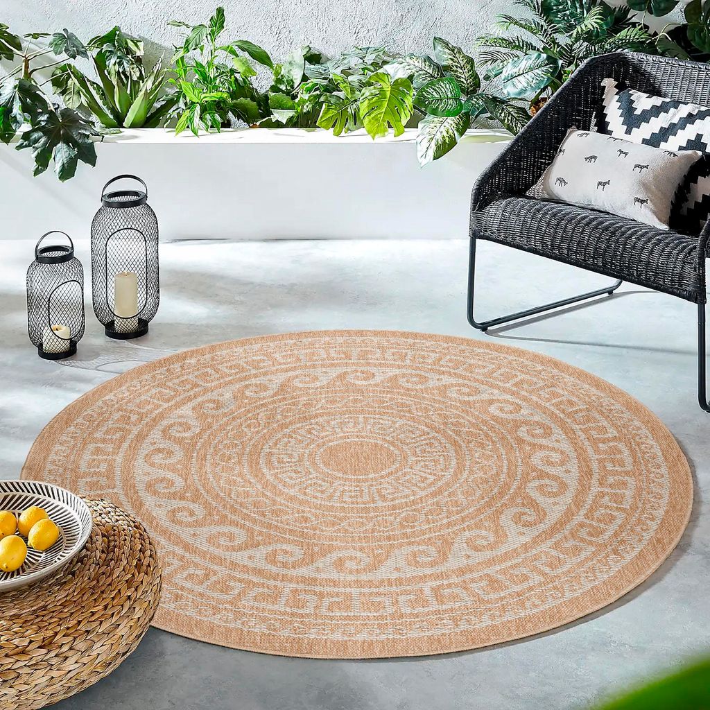 Homebyhome Runder Outdoor Teppich Wetterfest, Flachgewebe in Sisal-Optik für Balkon & Terrasse 80 cm Rund