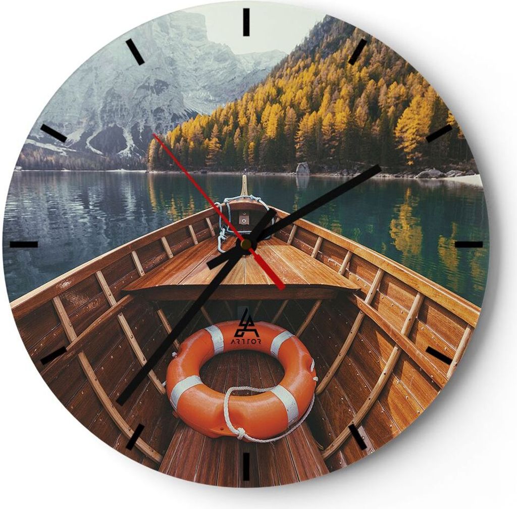 Wanduhr - Rund - Glasuhr - Łódź Berge Kajak - 40x40cm - Schleichendes Uhrwerk - Lautlos - zum Aufhängen bereit - Dekoration Modern - Wanddekora...