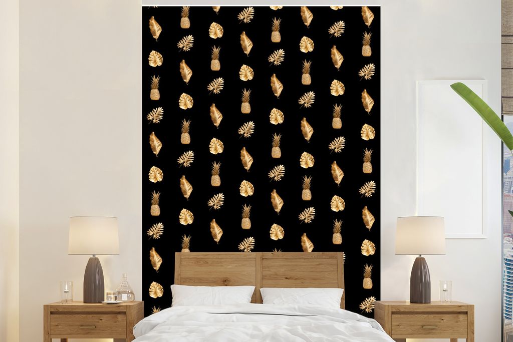 MuchoWow Fototapete für Wohnzimmer oder Schlafzimmer Wandtapete Vinyl Motivtapete Blätter - Muster - Gold - 180x280 cm - Wallpaper