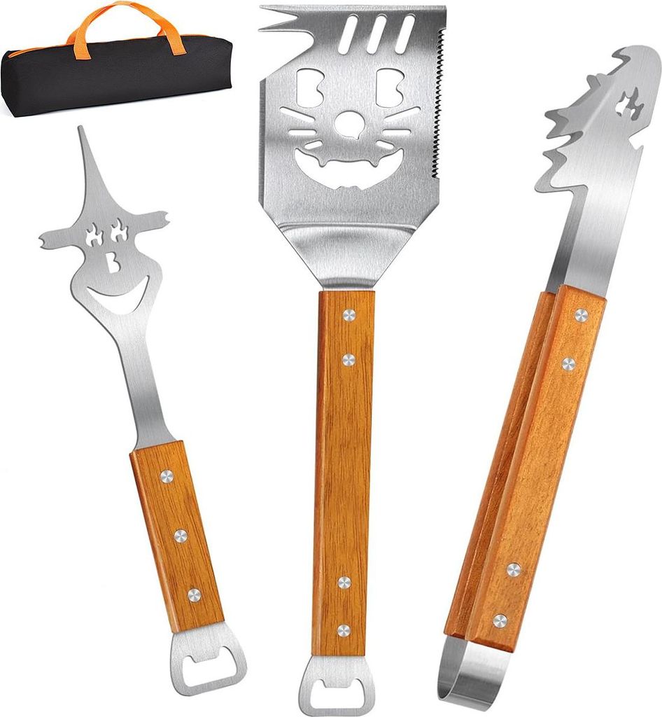 BBQ Grillbesteck Set 3-teilig, Grillzange, Gabel & Spatel, Edelstahl & Holzgriff, hitzebeständig, ideal als Geschenk für Grillfans