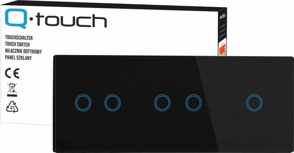 Touchschalter Panel 2+2+1 Glas schwarz Qtouch Wandschalter ohne Modul