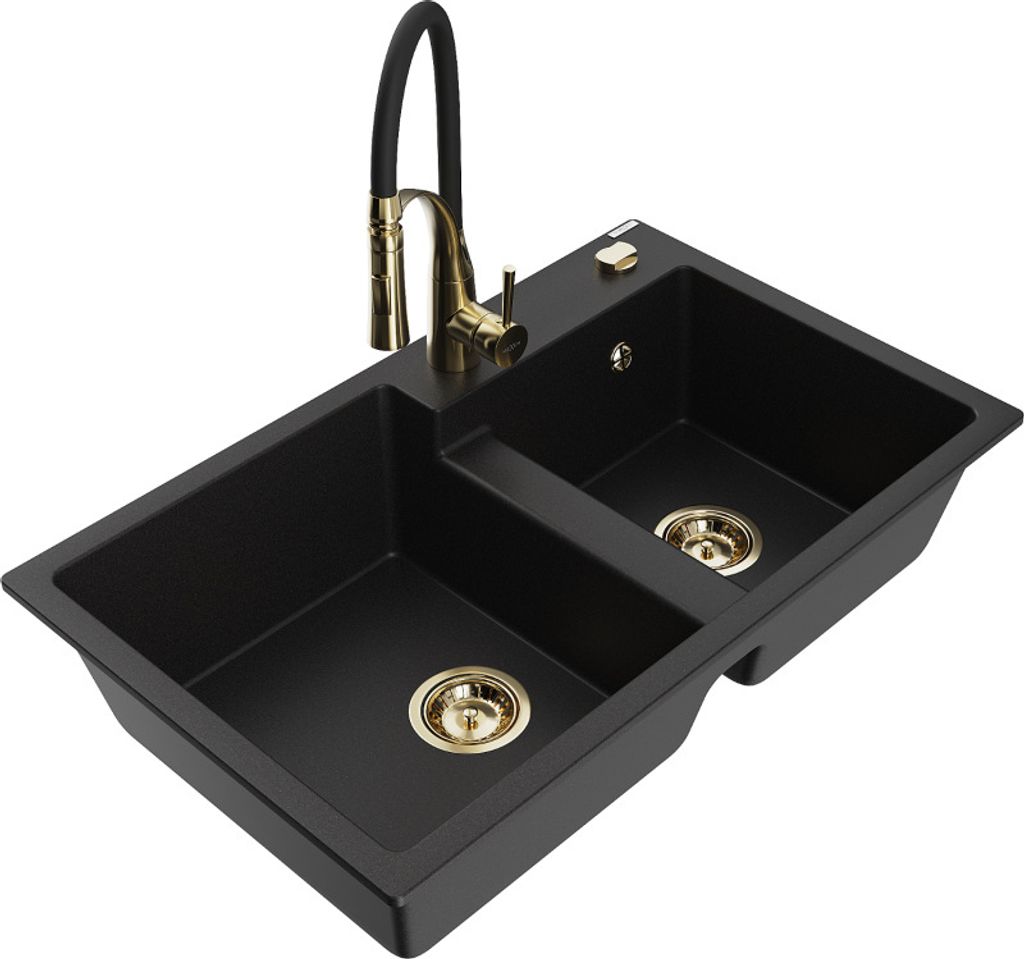 Mexen Tomas 2-Becken-Granitspüle mit Mischbatterie Aster, Schwarz - 6516-77-73450-57-G