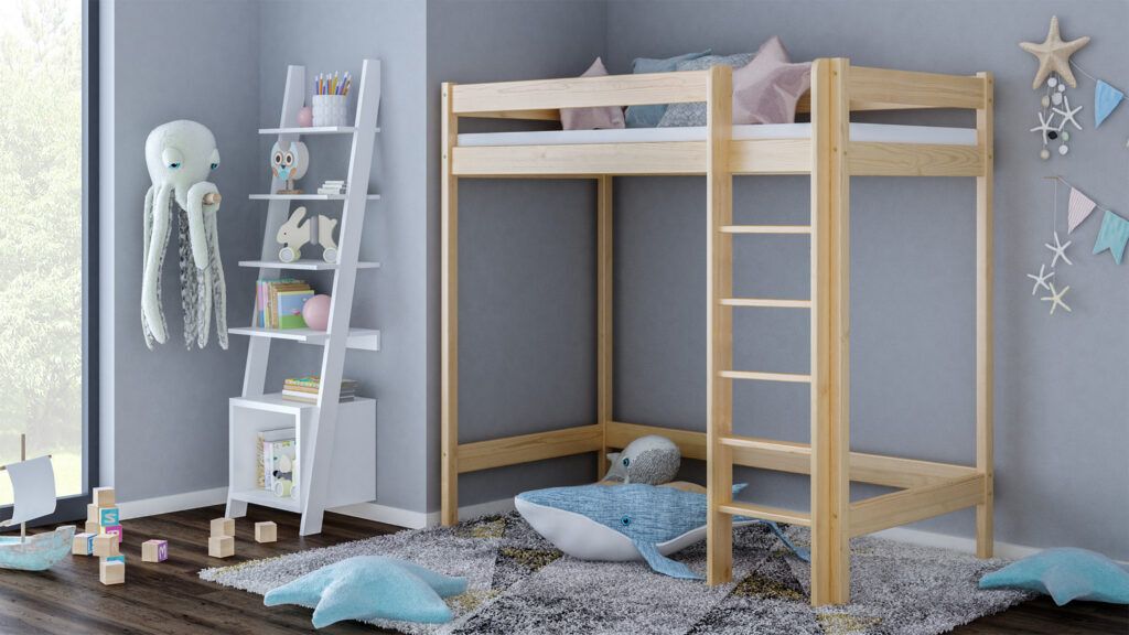 Mezzanin Bett aus Kiefernholz Antresola 160 mit Leiter, 80 x 160 cm, Höhe 160 cm, Meble Wróbel, Naturbelassen