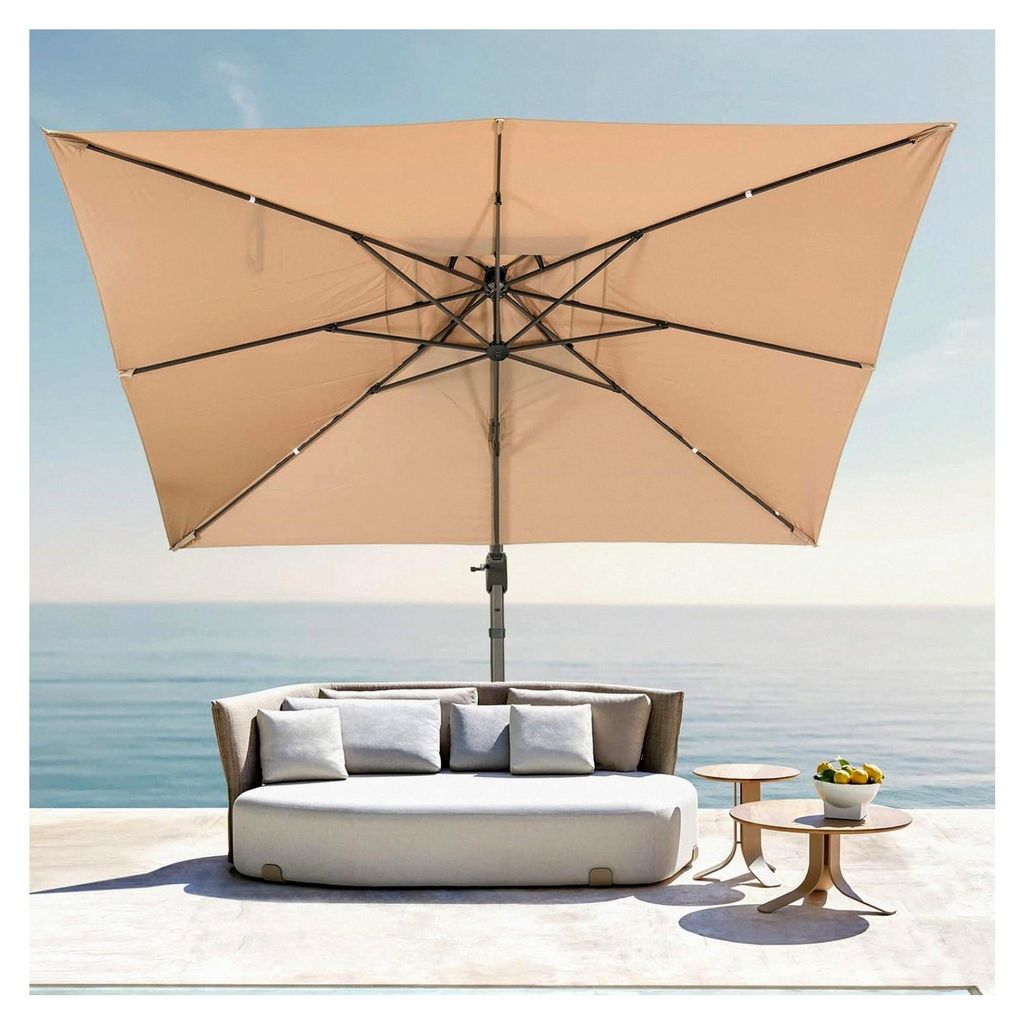 Sonnenschirm 300 x 400 cm Rechteckig mit Ständer und Kurbel, Ampelschirm 360° drehbar, windfest und wasserdicht für Garten und Terrasse, Khaki