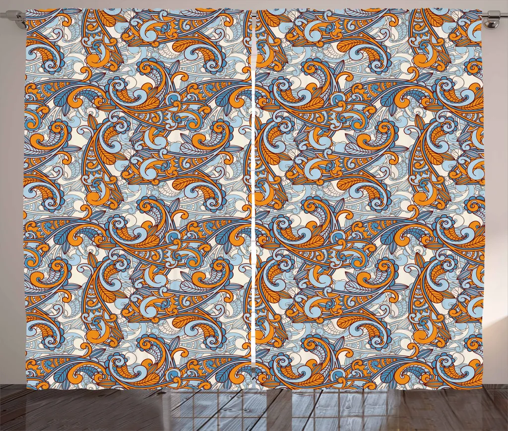 ABAKUHAUS Tenda rustica vintage, ispirazione asiatica Paisley, tenda con passanti e ganci per camera da letto, 280 x 175 cm, azzurro arancione crema