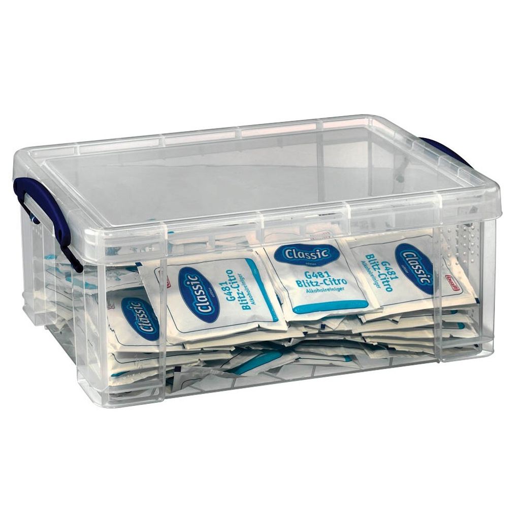 A clear plastic storage box filled with small packets.