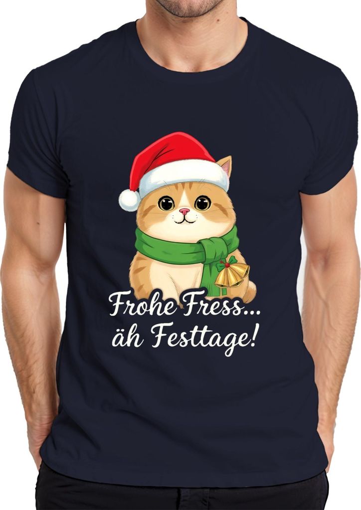 Frohe Fress äh Festtage Kätzchen Weihnachtsmann niedlich Herren T-Shirt, Navy, L