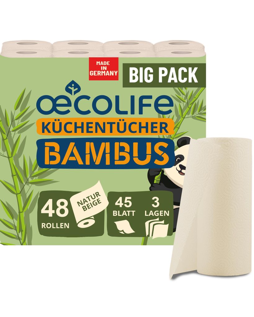 Küchentücher Bambus, 48 Rollen, 45 Blatt pro Rolle, 3-lagig, ungebleichter Bambus Zellstoff mit antibakteriellen Eigenschaften, saugstark und rei...
