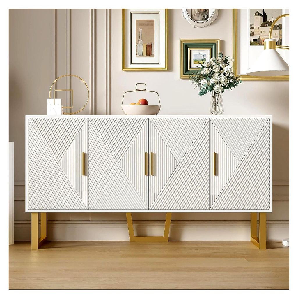 Sideboard mit hochglänzenden strukturierten Türen und goldenen Griffen, 4-Türen, höhenverstellbare Regale, Schließfach für Schlafzimmer und W...