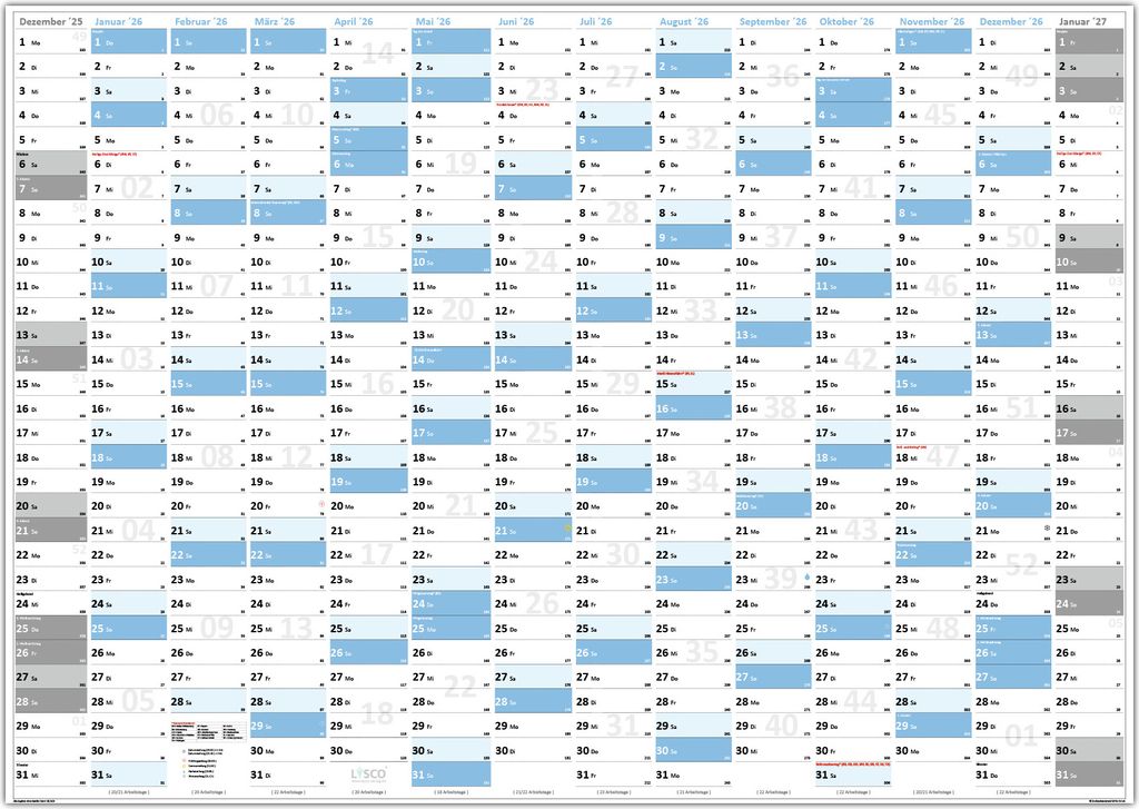 Gefaltet XXL Wandkalender Wandplaner 2026 (blau2) - DIN A0 Format mit 14 Monaten Feiertage aller Bundesländer