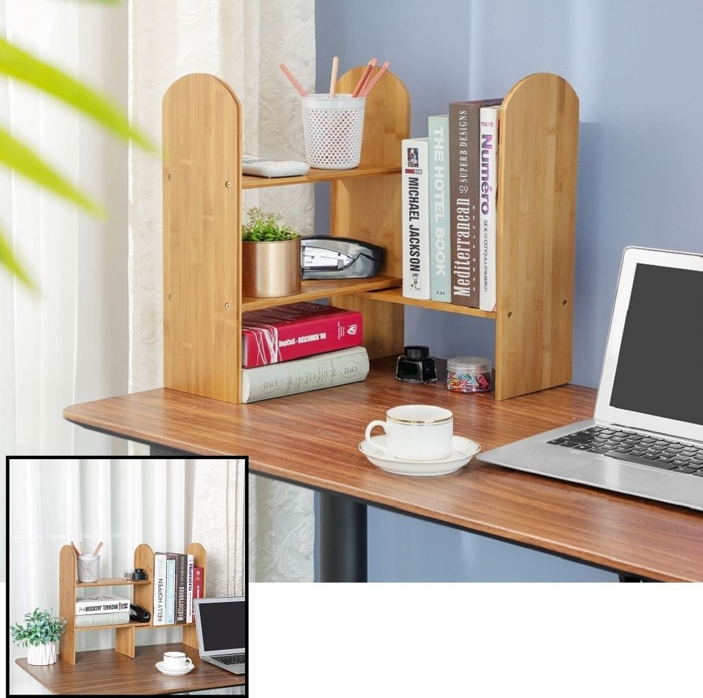 Decopatent verstellbarer Ablagesystem - Bambus Schreibtisch-Organizer / kleines Bücherregal - Organizer für das Büro