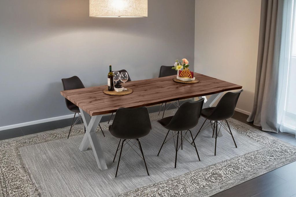 Esstisch Baumkante Holz-Optik Nussbaum 220 x 100 X-Gestell silber JOSY