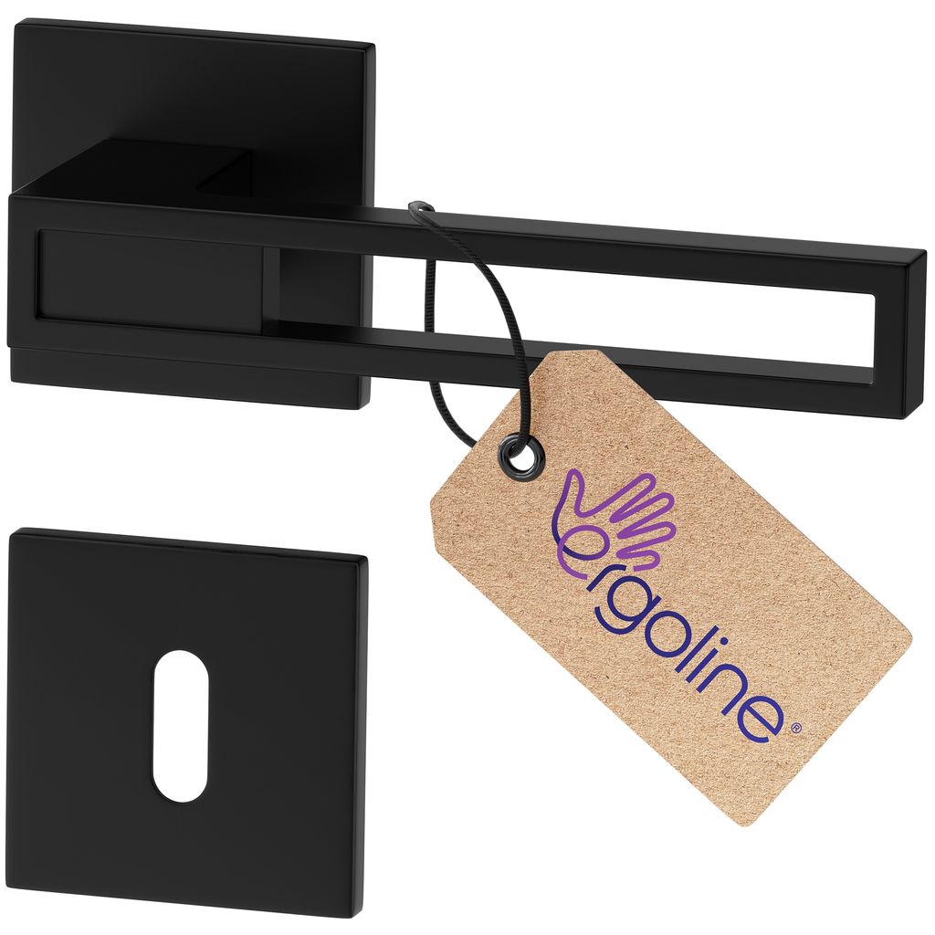 A black door handle set with a keyhole escutcheon and a product tag.